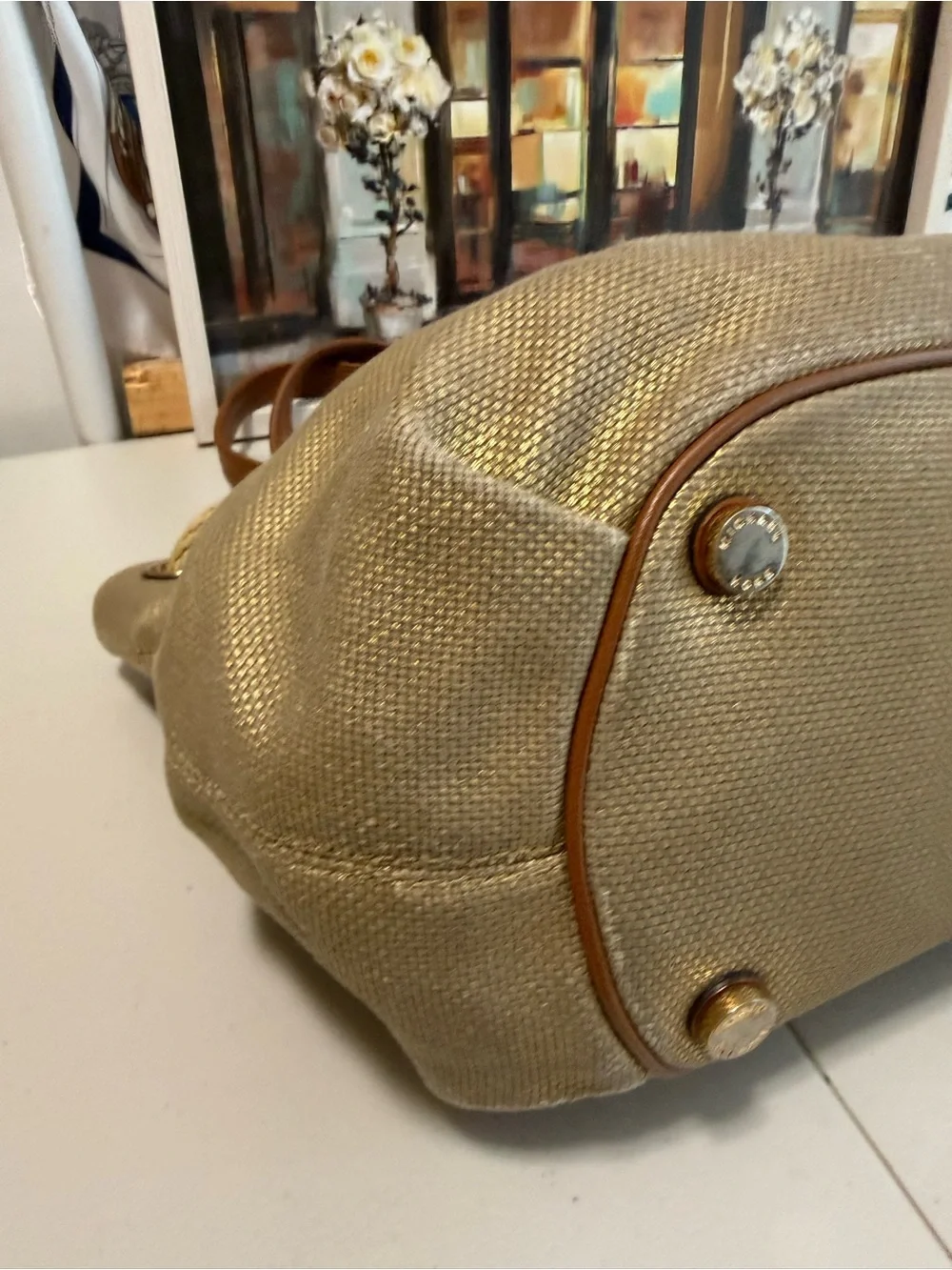 Michael Kors Tan Canvas Tote with Brown Leather Trim and Tassel